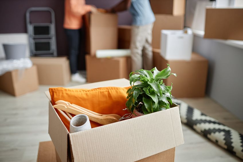 Boxes and a couple getting ready to move in after having their new home professionally cleaned.