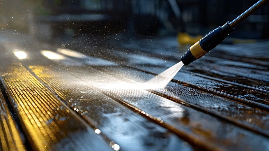 pressure washer cleaning a wooden deck, removing dirt and grime with a high pressure water stream